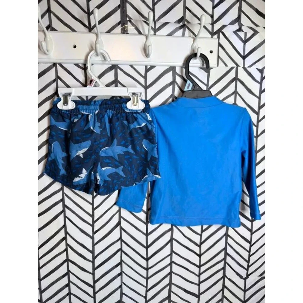 Carter’s Blue Shark Long Sleeve Rash Guard Top & Swim Trunks Baby Boys 12M 7118